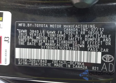 2012 Toyota Corolla Le from USA, damaged, VIN 2T1BU4EE1CC912803